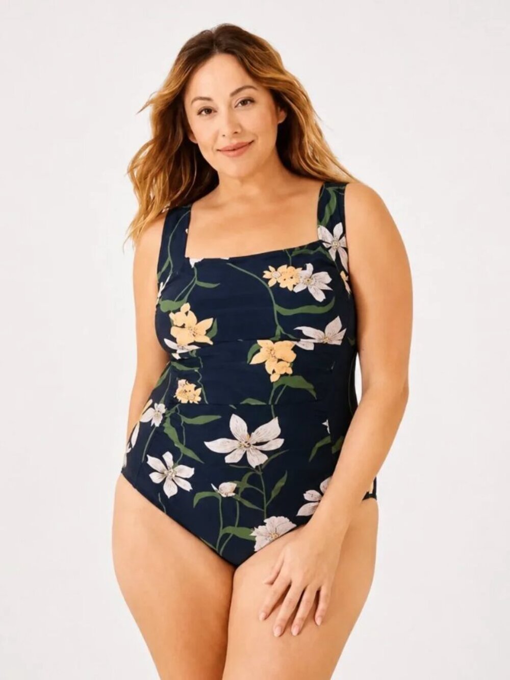 NWT Shade & Shore Navy Blue Floral Ruched One-Piece Swimsuit